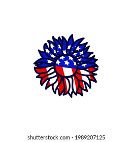 Sunflower color of american flag. Vector illustration. 4th of july, Independence day. Tamplate for t shirt print design, greeting card, sticker. Hand drawing flower. Stars and stripes