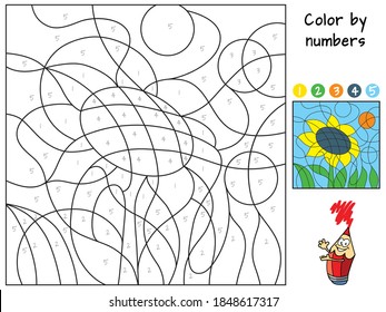 Sunflower. Color by numbers. Coloring book. Educational puzzle game for children. Cartoon vector illustration