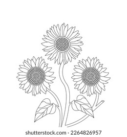 Sunflower Coloring Page And Book Hand Drawn Line Art Illustration Beautiful Flower Black And White Drawing Vector