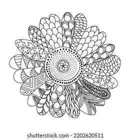 sunflower coloring page with decorative flower background design illustration. anti-stress adult coloring book. sunflower illustration with leaves drawing.