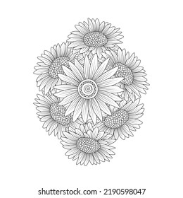 sunflower coloring page pencil drawing of vector design and adult coloring pages. flower blooming  of doodle design style of line art graphic. floral drawing with pencil sketches.