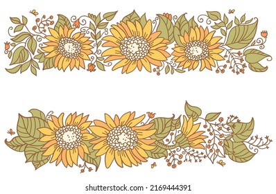 Sunflower colors decor elements. Vector line drawing of sunflowers frame isolated on white for greeting card or print