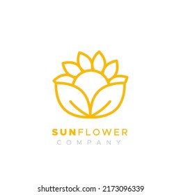 Sunflower company logo. Concept of gardening, solar energy, sunflower oil. Yellow outline. Vector illustration, flat design