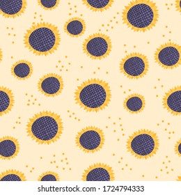 Composición de girasoles sobre fondo amarillo pastel. Ilustración vectorial sin inconvenientes. Fondo floral muy bonito. Imprimible, interminable patrón con doodle, flor floreciente. Envuelto, niños, tela.