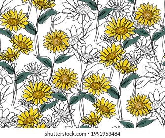 Girasol en un contínuo dibujo de una línea y colorido. Arte minimalista moderno.