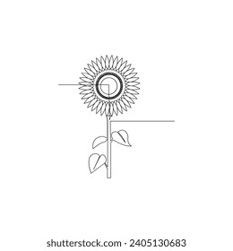 Sunflower in a continuous one line style hand drawn outline of flower isolated on white background.Sunflower one continuous line art out line minimal