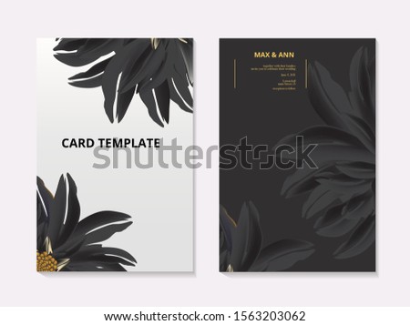 Sunflower contrast card template. Summer 3d realistic floral botanical wedding card, flora macro vector art. Garden paradase illustration in contrast black color.
