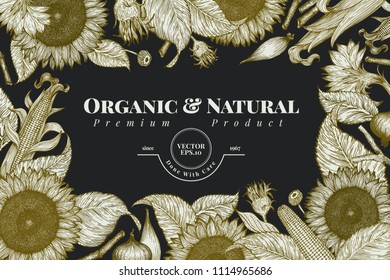 Sunflower and corn frame template. Sunflower banner design. Vector hand drawn illustration. Can be use for organic and natural products, restaurants and cafe.