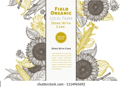 Sunflower and corn gesign template. Sunflower banner. Vector hand drawn illustration. Can be use for organic and natural products, restaurants and cafe.