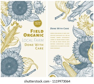 Sunflower and corn gesign template. Sunflower banners. Vector vintage hand drawn illustration. Can be use for organic and natural products, restaurants and cafe.