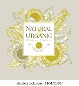Sunflower and corn logo template. Sunflower banner design. Vector hand drawn illustration. Can be use for organic and natural products, restaurants and cafe.