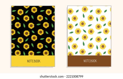 Sunflower for cover notebook on bark and lights background. Vector illustration.