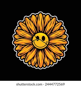 Sunflower and Cracked Smile Emoticon Vector Illustration on Isolated Background. Sunflower Vector Illustration. Sunflower Vintage Vector 