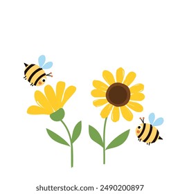 Sonnenblumen und süße Bienen Cartoons auf weißem Hintergrund Vektorgrafik.