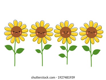 Sunflower with cute face icons on white background vector illustration.
