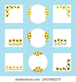 Sunflower design frame set, banner and corner parts, vector illustration.