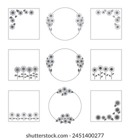 Sunflower design frame set, banner and corner parts, vector illustration.