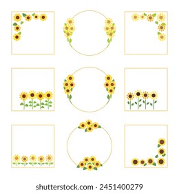 Sunflower design frame set, banner and corner parts, vector illustration.