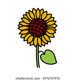 Sunflower. Doodle flower with stem and leaf. Vector hand drawn color sketch.