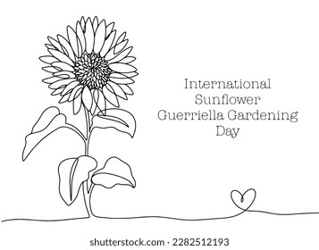 Sunflower drawn in one line. Black and white illustration for International Sunflower Guerilla Gardening Day. This holiday is celebrated on May 1st. For different uses. Vector illustration