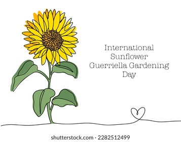 Sunflower drawn in one line. Color illustration for International Sunflower Guerilla Gardening Day. This holiday is celebrated on May 1st. For different uses. Vector illustration