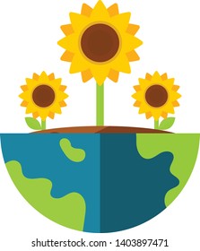 The sunflower in the earth flowerpot. Concept of summer season, plant a tree on the earth, global warming, Sunflower Day, Nature environment, ecology, Positive lively earth.