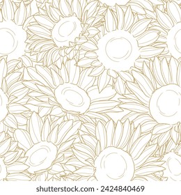 Sunflower elegant line art vector pattern, seamless floral repeat tile