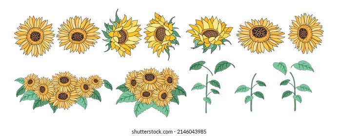 Conjunto de elementos de girasol Diseñado en estilo doodle, para decoraciones, tarjetas, postales, patrones de ropa, tejidos impresos, moda, cuaderno de recortes, diseños de almohadas, bolsas y más.