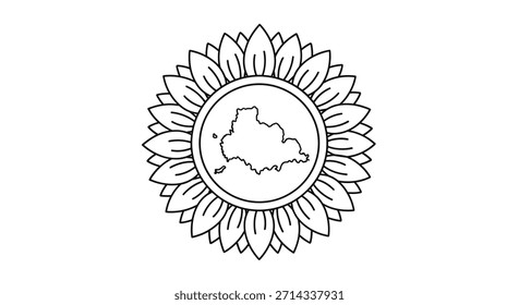 Emblema de girasol con un borde circular alrededor de una silueta central del mapa y pétalos en capas que forman un logotipo decorativo audaz adecuado para la marca y el uso de los medios.