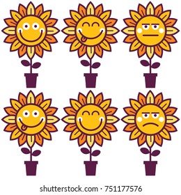 Sunflower emoticon set. Card, sticker, label, icon, avatar, logo element