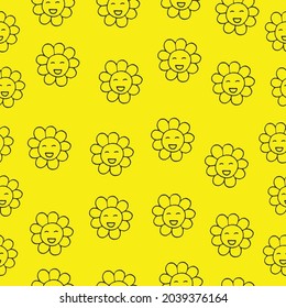 sunflower with eyes and smiley face illustration on yellow background. seamless pattern, hand drawn vector. simple and cute. vintage style. doodle art for wallpaper, wrapping paper and gift, backdrop.