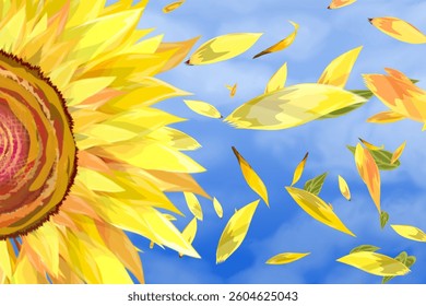 sunflower with falling petals against a cloudy blue sky