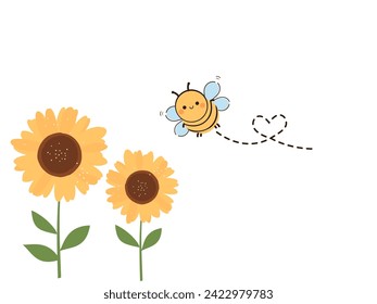 Sunflower field, bee cartoon and heart dot line icon set isolated on white background vector illustration.