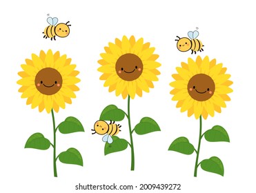 Sunflower field and bee cartoons isolated on white background vector.