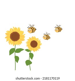 Sunflower field and bee cartoons isolated on white background vector illustration.