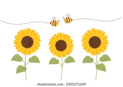 Caricaturas de campos de girasol y abejas aisladas en ilustración vectorial de fondo blanco.