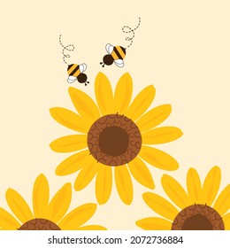 Sunflower field with bee cartoons on pastel yellow background vector illustration.