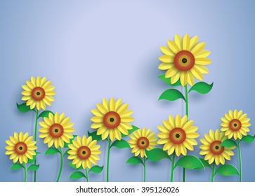 Sunflower field with blue sky,paper art style.