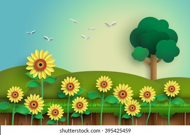 Sunflower field with blue sky.paper art style.