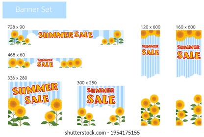 Sunflower field, cloud, banner with striped background, summer sale characters, 6 types