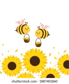 Sunflower field with flying bee cartoons on white background vector illustration.