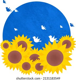 Campo de girasol con pájaro volador y bandera azul cielo en círculo para señal de paz de Ucrania.