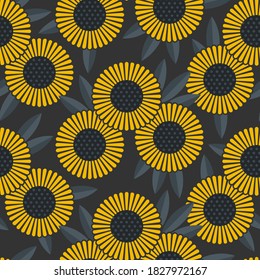 Sunflower field geometric flowers and leaves summer autumn seamless pattern. Repeatable colorful vector background with retro style flat leaf and floral shapes on dark background.