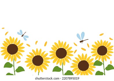 Sunflower Field, Green Leaves, Flying Petals And Dragonfly Cartoons On White Background Vector Illustration.  