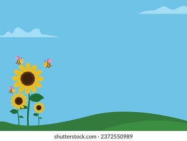 sunflower field landscape with bee. flat design style isolated on blue background. Vector illustration