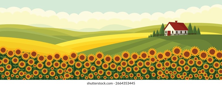 Sonnenblumen-Feldlandschaft mit Haus flache Vektorgrafik.