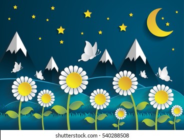 Sunflower field with nighttime.paper art style.