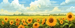 Sunflower Field On Beautifull Hills Panorama, Sunny Summer Day Landscape, Vector Illustration.