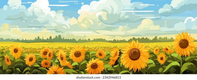 Sunflower field on beautifull hills panorama, sunny summer day landscape, vector illustration.