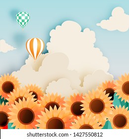 Sunflower field with paper art style and pastel scheme vector illustration svg